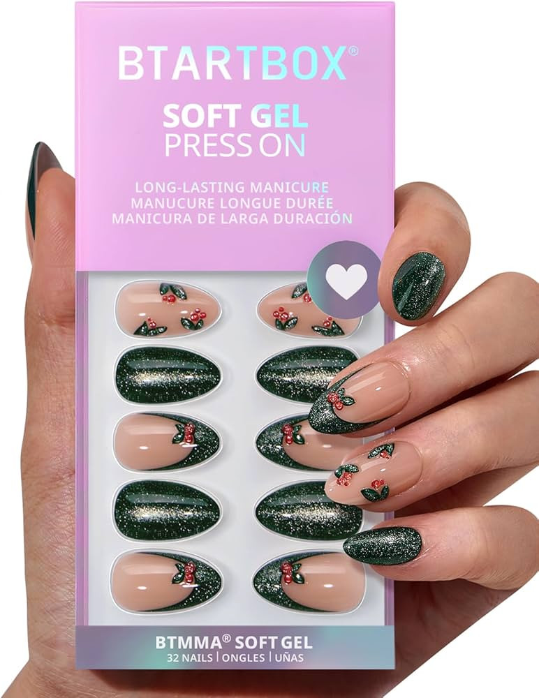 BTArtbox Press On Nails Almond - Holly Hypnotic, 3D Cheey Short Glitter French Tip Christmas Pres... | Amazon (US)