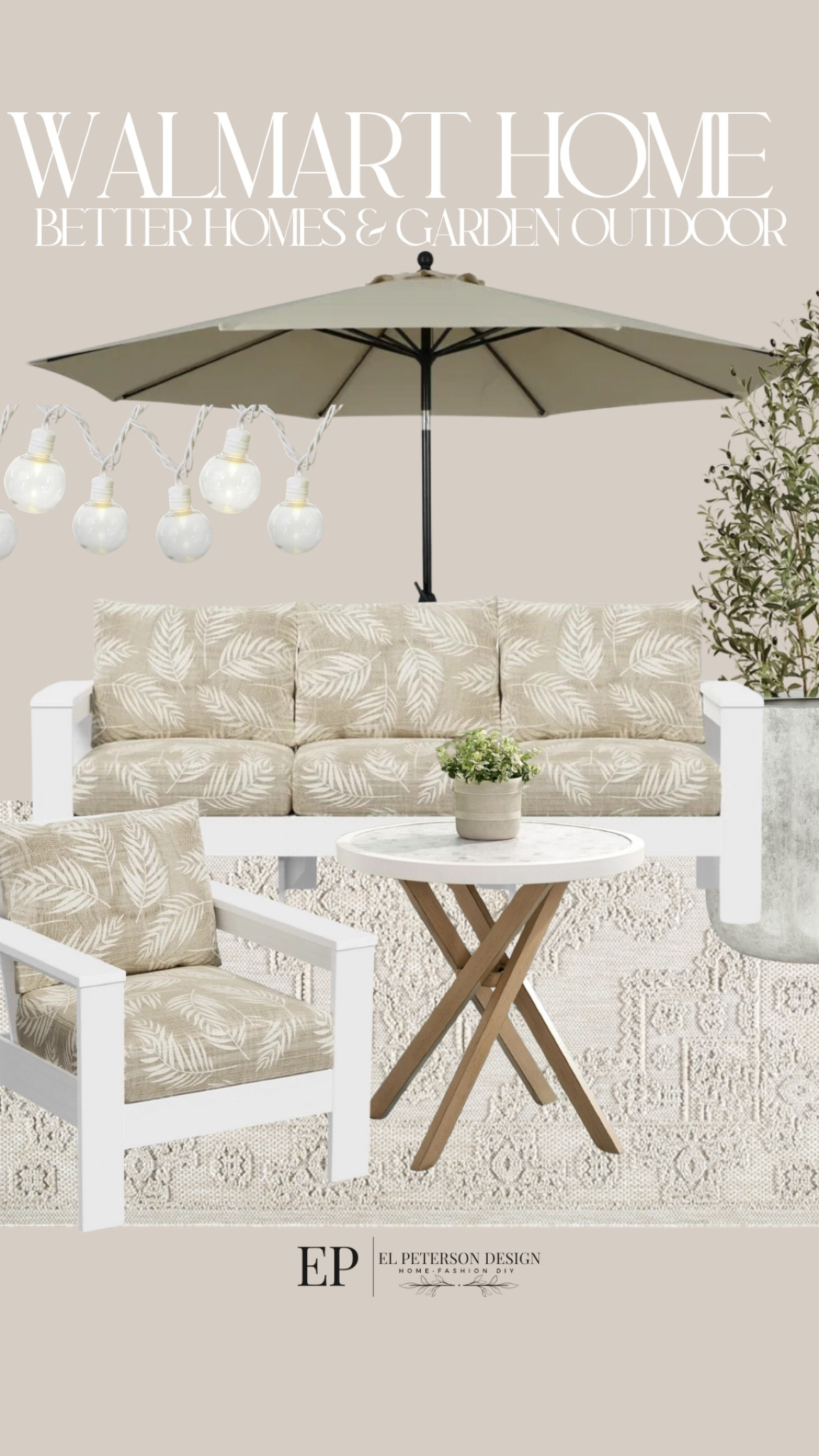 Walmart Outdoor
Outdoor sofa 
Outdoor chair
Accent table 
Rug
Umbrella
String lights
Planter
Faux olive tree

#LTKHome