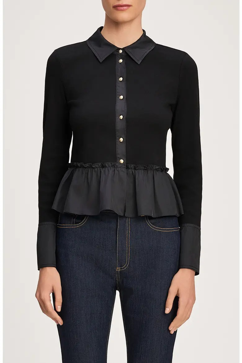 Cinq à Sept Salem Mixed Media Cotton Blend Peplum Top in Black/black at Nordstrom, Size X-Small | Nordstrom