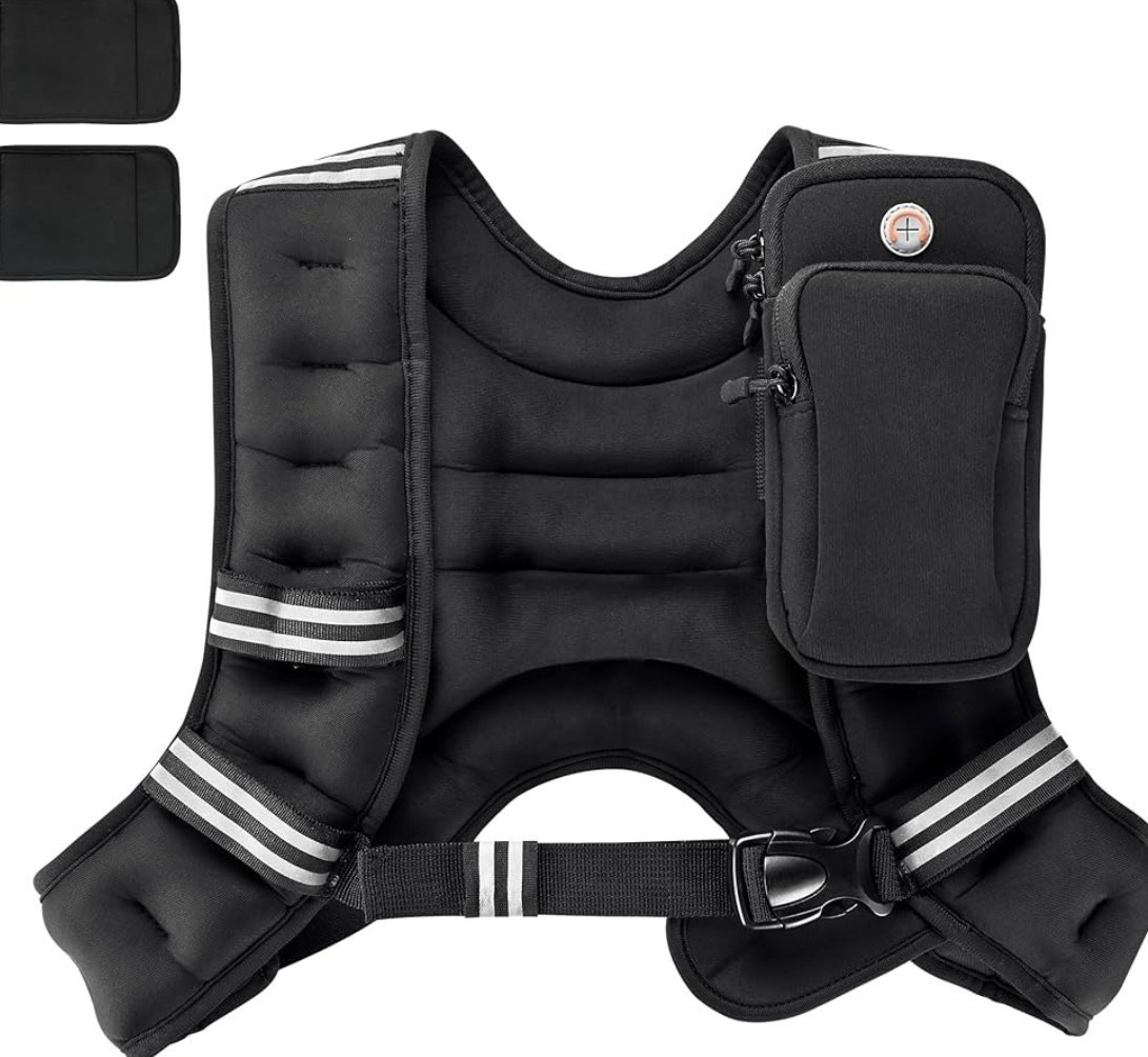This is the weighted vest I use when I go on walks. I started with 10 but probably could have went with 12 or 15? That said, I do strength training 3x a week for the last two years! My husband wears a 20 lbs, which felt very heavy. 
