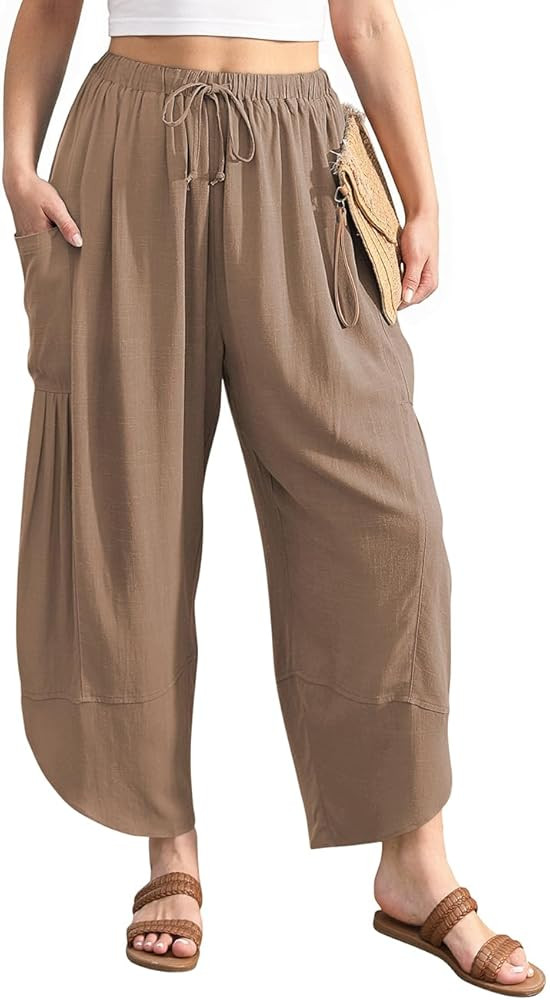 TARSE Women's Linen Harem Pants Casual Loose Drawstring Elastic Waist Summer Beach Travel Vacatio... | Amazon (US)