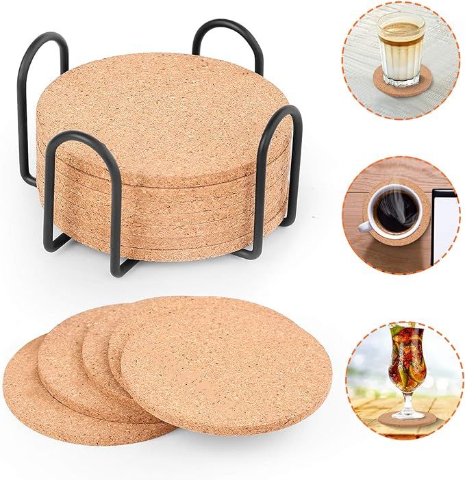 Cork Coasters with Holder, Heat-Resistant Natural Cork Coasters 12-Piece Set for Housewarming Gif... | Amazon (US)