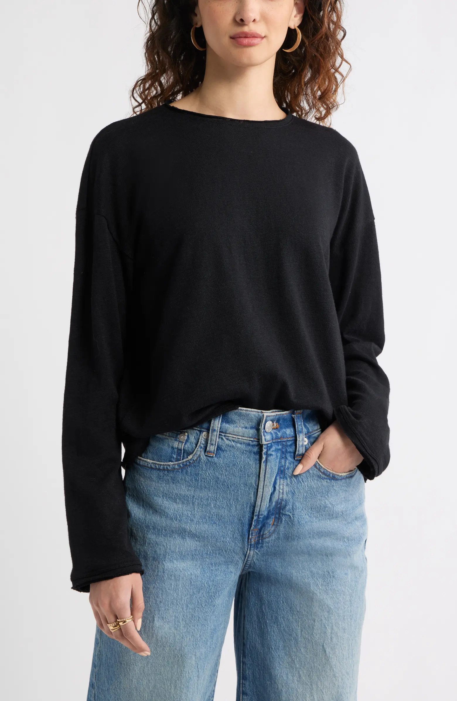 Roll Crewneck Boxy Long Sleeve Cotton Blend Top | Nordstrom