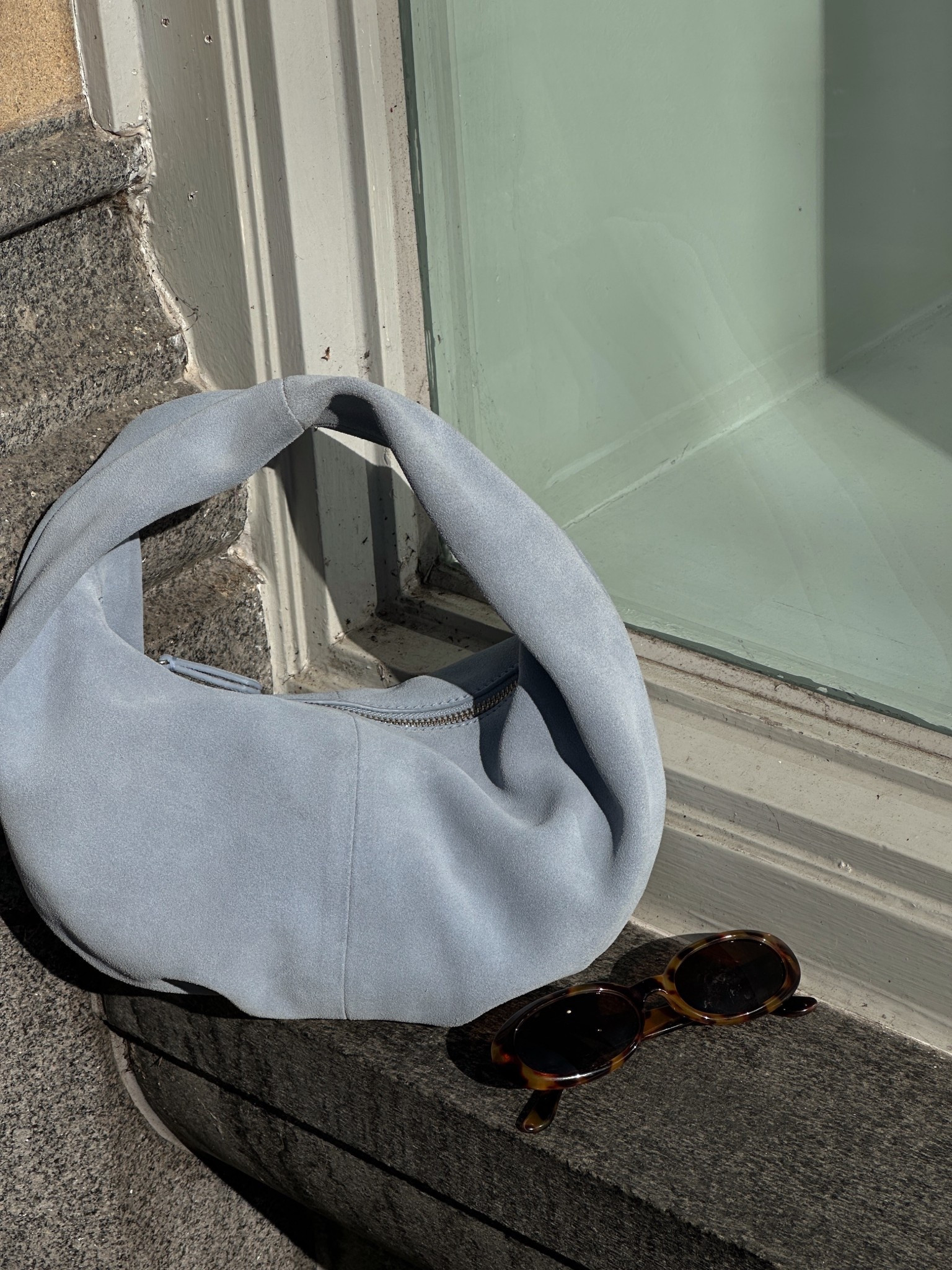 Suede Bag, Blue Bag, Oval Sunglasses 

#LTKuk #LTKspring