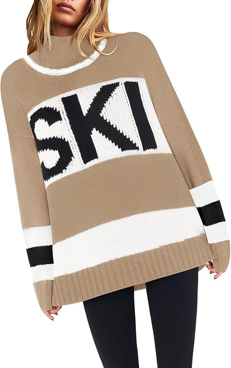 Yousify Womens Sweaters Fall 2024 Oversized Color Block Ski Sweater Crewneck Winter Tops S-2XL | Amazon (US)