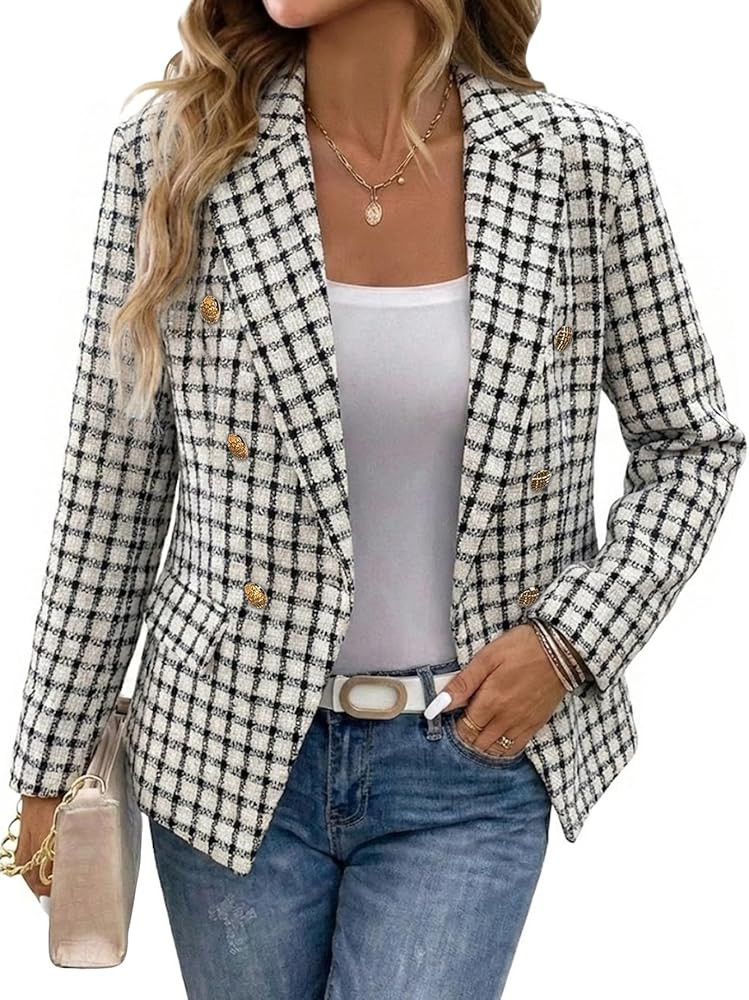 Mina Self 2026 Spring Women's Tweed Plaid Blazer Jacket - Double-Breasted Fully-Lined Slim Petite... | Amazon (US)