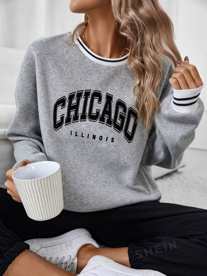 SHEIN EZwear Letter Graphic Striped Trim Drop Shoulder Pullover | SHEIN