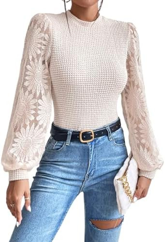 BLENCOT Womens Casual Crochet Top Mesh Lace Long Sleeve Shirts Waffle Knit Blouse Crewneck Shirt ... | Amazon (US)
