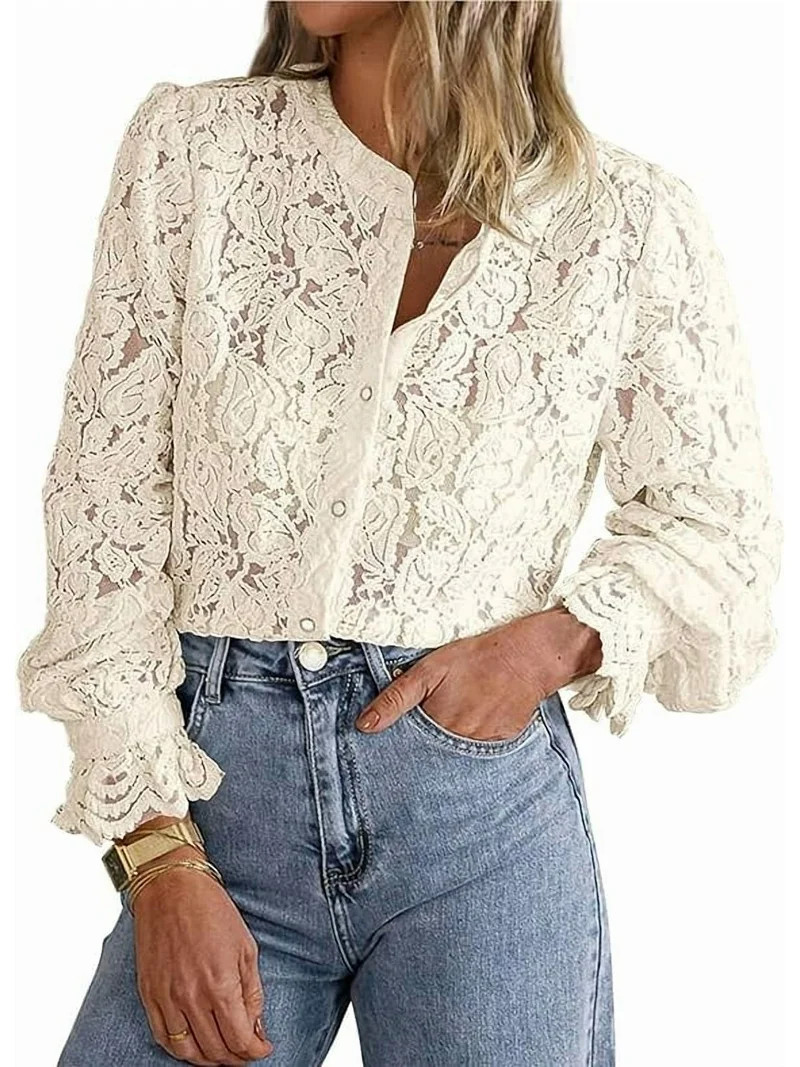 PRETTYGARDEN Women's Dressy Casual Lace Blouse Long Sleeve Button Up Shirts Tops Spring Fall Fash... | Walmart (US)