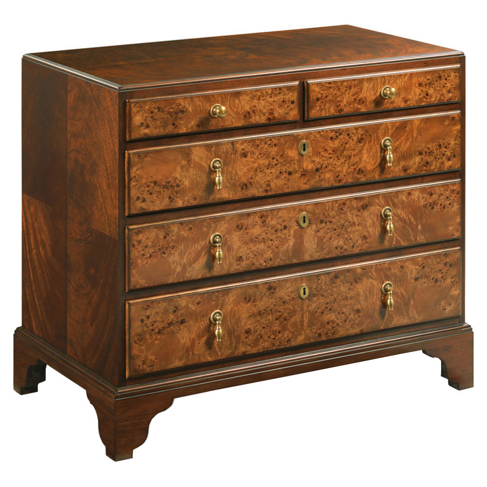 Woodbridge Durham Rustic Brown Mahogany Wood Oak Burl Veneer 5 Drawer Dresser | Kathy Kuo Home