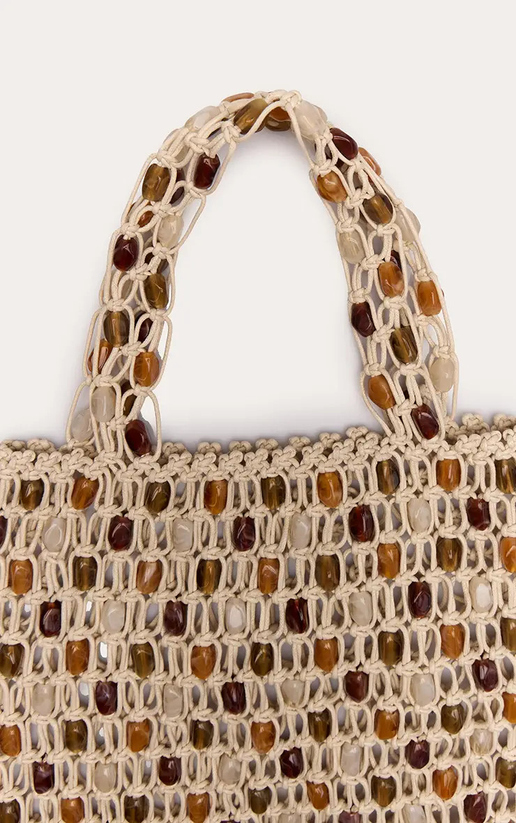 Cream Macrame Beaded Tote Bag | PrettyLittleThing UK