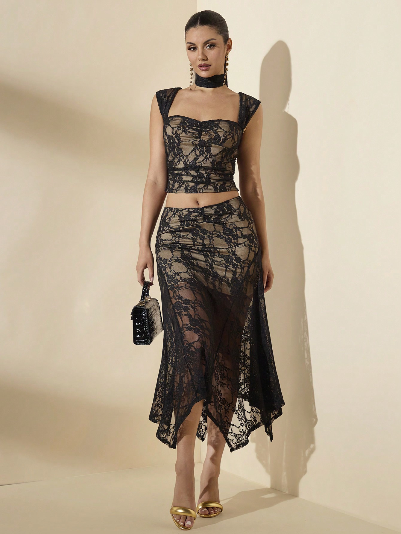 SHEIN BAE Women's Solid Color Lace Elegant Date Night Vacation Asymmetric Hem Midi Dress Set | SH... | SHEIN