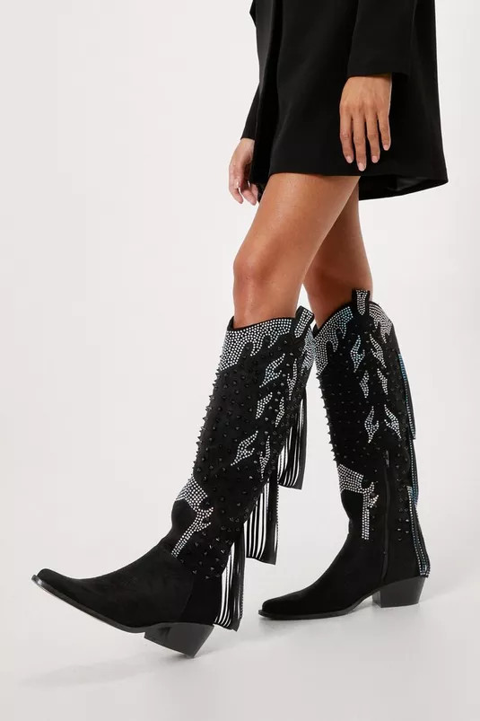 Studded Diamante Faux Suede Cowboy Boots | Nasty Gal (US)