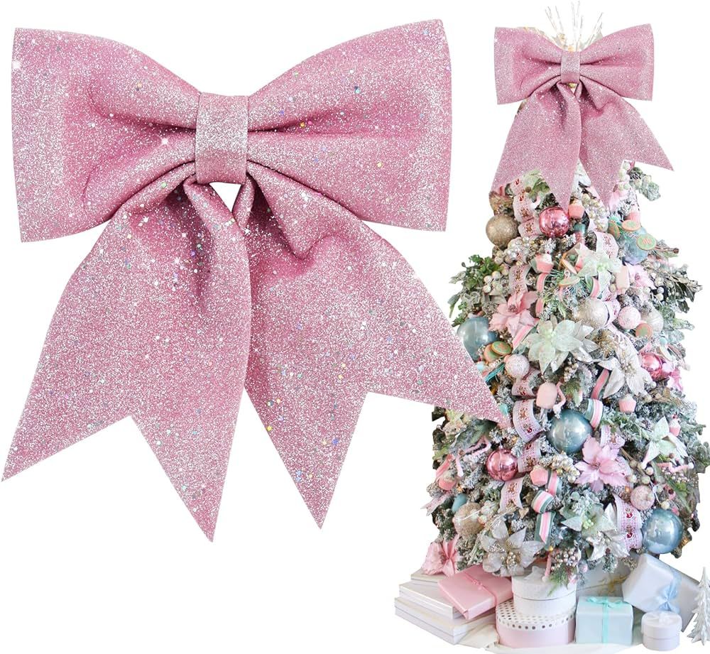 TONIFUL 12x14 Inch Glitter Bow Pink Shiny Christams Bow for Home Party Wedding Indoor Decoration... | Amazon (US)