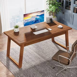 Moronia 55 in. Rectangular Walnut Brown Wood Executive Desk Writing Table with Drawer for Home Office | The Home Depot