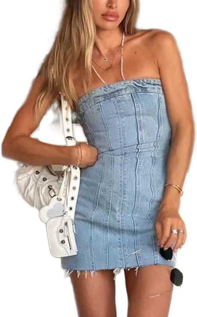 Sexy Denim Summer Dresses 2023 Women Y2k Clothing Jeans Tube Backless Bodycon Mini Dress Western ... | Amazon (US)
