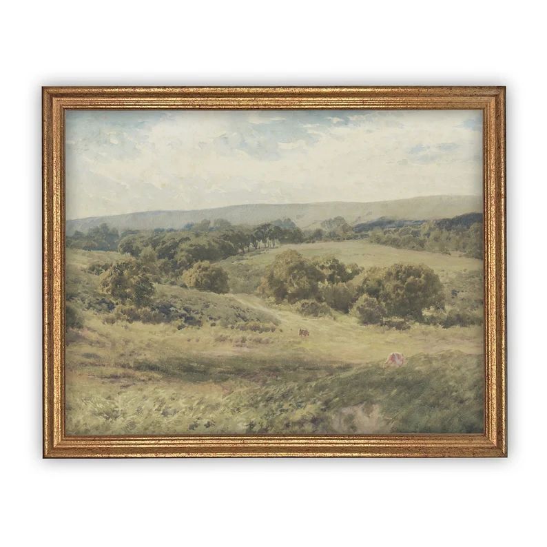 Vintage Framed Canvas Art // Framed Vintage Print // Vintage Pasture Oil Painting // Vintage Gree... | Etsy (US)