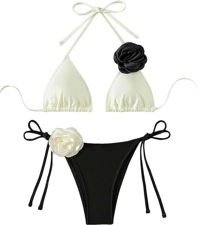 OYOANGLE Women's Bikini Set 2 Piece Floral Appliques Tie Backless Halter Triangle Swimsuit Tie Si... | Amazon (US)