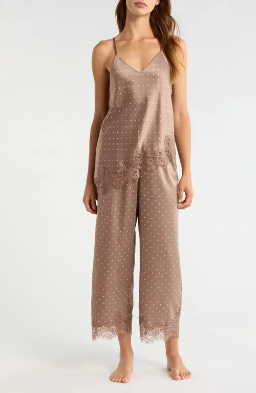 Nordstrom Lace Trim Satin Pajamas in Brown- Ivory Pin Dot at Nordstrom, Size X-Small | Nordstrom