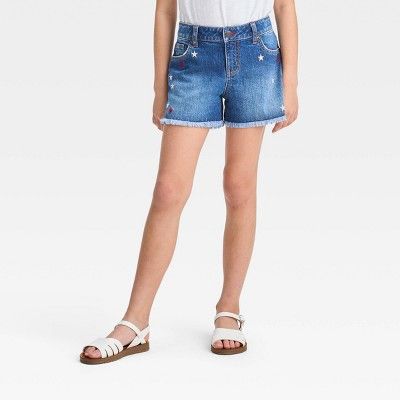 Girls' Star Midi Embroidered Jean Shorts - Cat & Jack™ Medium Wash | Target