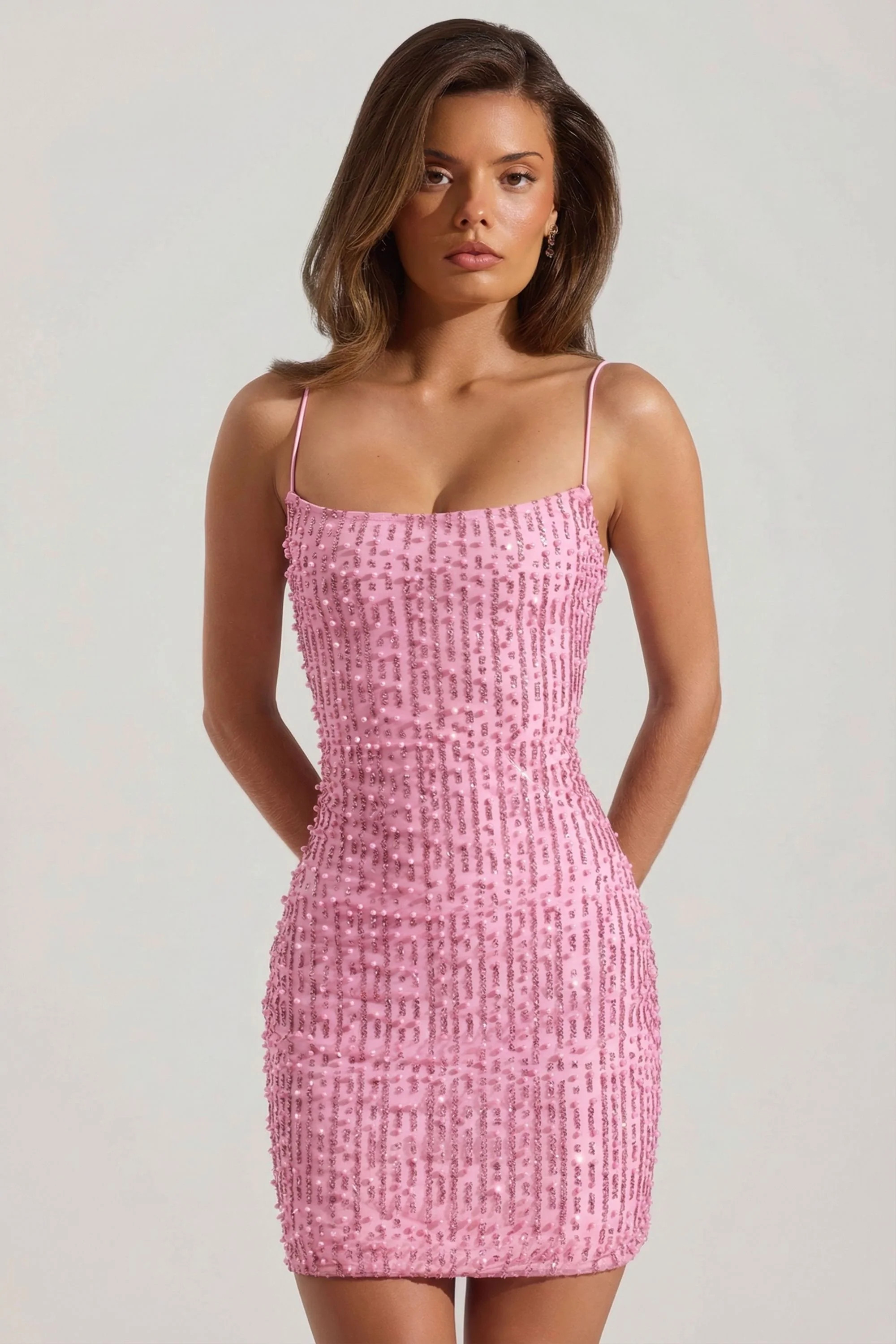 Embellished Scoop-Neck Bodycon Mini Dress in Pink | Oh Polly