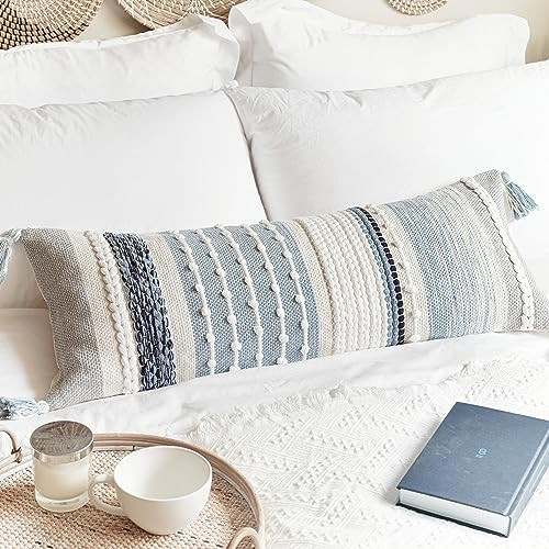 BlissBlush Coastal Blue Decorative Lumbar Pillow Cover 14x36 Boho Long Body Pillow for Bed Farmho... | Amazon (US)