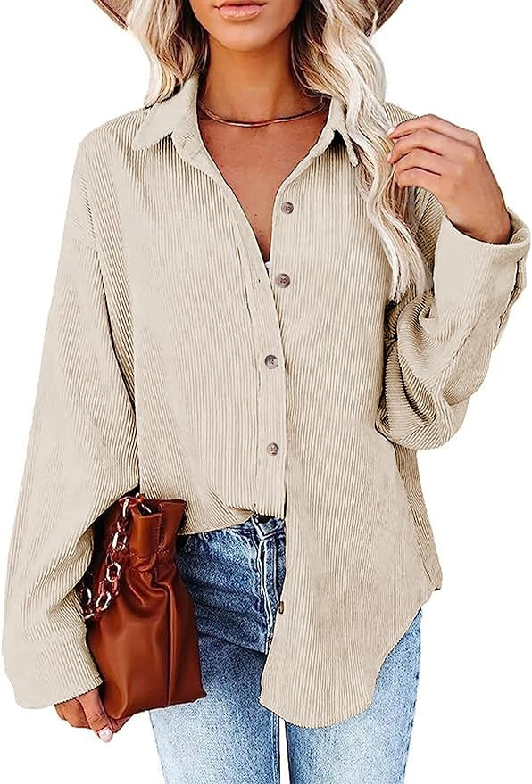 Womens Corduroy Button Down Shirts Long Sleeve Oversized Boyfriend Casual Blouses Tops | Amazon (US)