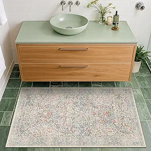 Washable Bathroom Rug 2x4 Non Slip - Beige Blue Small Rugs Front Door Rugs Indoor, Vintage Cream ... | Amazon (US)