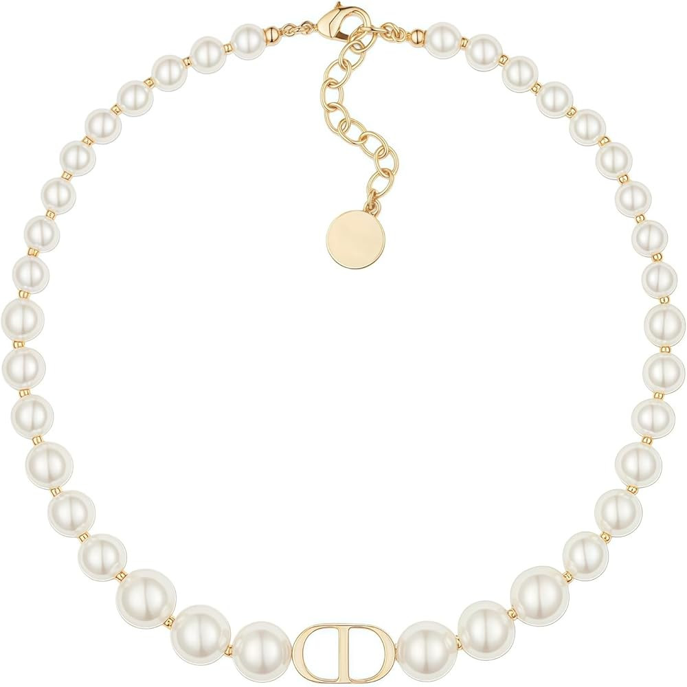 18K gold plated copper pearl necklace, with luxurious letter design and rectangular three-dimensi... | Amazon (US)