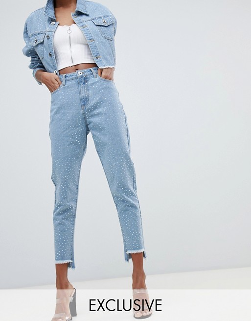 Liquor N Poker rhinestone step hem mom jeans | ASOS US