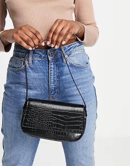 ASOS DESIGN shoulder bag with flap in black croc | ASOS (Global)