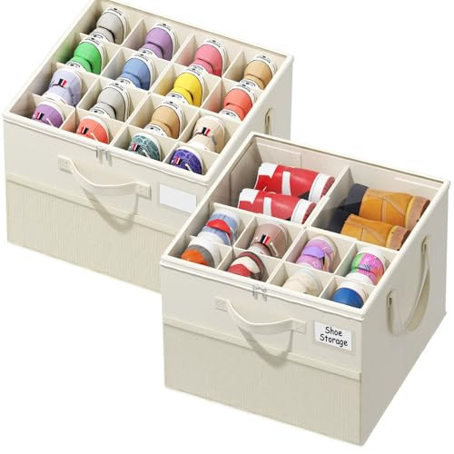 NestOrganix 2 Pack Shoe Organizer for Closet, Large Shoe Box Storage Containers, Foldable Shoe Storage Organizer Box Bin with Adjustable Dividers and Clear Cover, Space Saving Shoes Holder, Beige | Amazon (US)