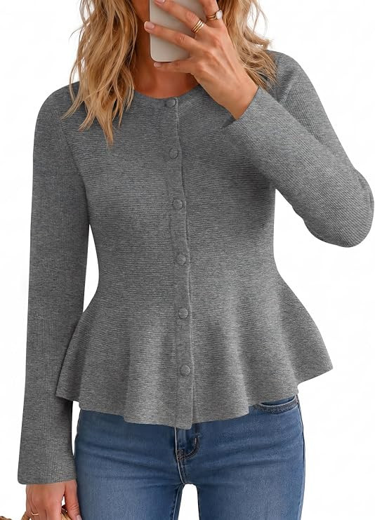 Saodimallsu Womens Peplum Tops Ruffle Cropped Cardigan Trendy Knit Sweater | Long Sleeve,Button U... | Amazon (US)