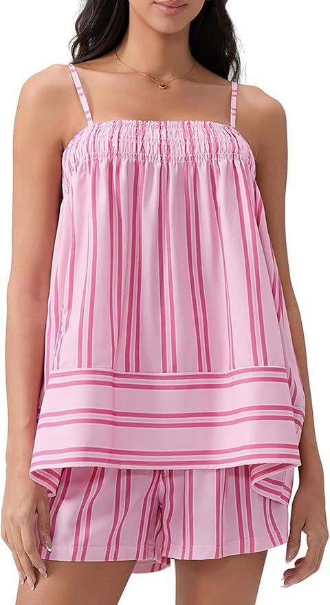 Wyeysyt Women 2 Piece Lounge Set Striped Pajama Set Ruffle Hem Cami Tops and Stripe Boxer Shorts ... | Amazon (US)