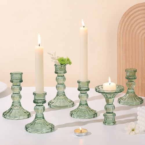 DARJEN 6Pcs Green Candlestick Holders Set - 4" H & 5" H Striped Taper Candle Holders Bulk, Glass ... | Amazon (US)