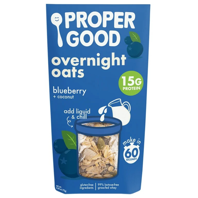 Proper Good Blueberry Coconut Overnight Oats with 15g Protein, Shelf-Stable, 2.54 oz packet | Walmart (US)