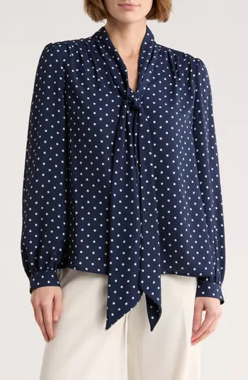 Gemma + Jane Tie Neck Georgette Top in Black/Grey Tulip at Nordstrom Rack, Size Medium | Nordstrom Rack