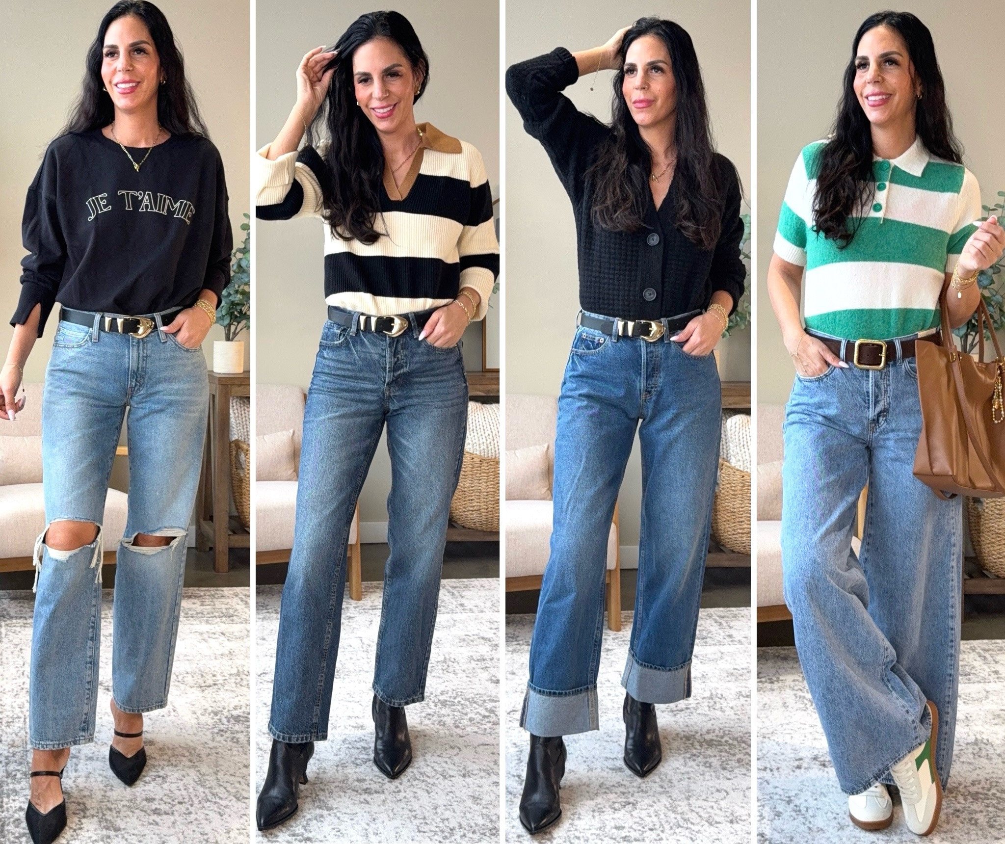 Target Denim- a few of my favorites styled 
Distressed - size 27 
Straight- size 2 
Cuffed- size 2 
Wide leg- size 2 
All tops are a small 

#LTKOver40 #LTKU #LTKFindsUnder50