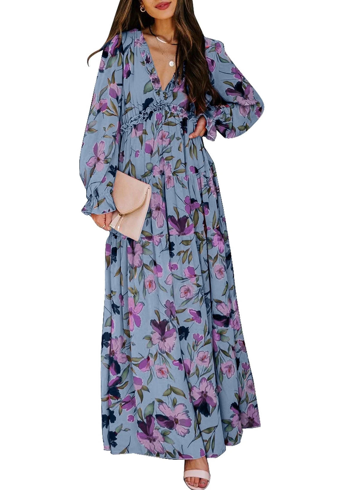 DOKOTOO Women's Sky Blue Floral Maxi Dresses Casual Deep V Neck Long Sleeve Evening Dress Cocktai... | Walmart (US)