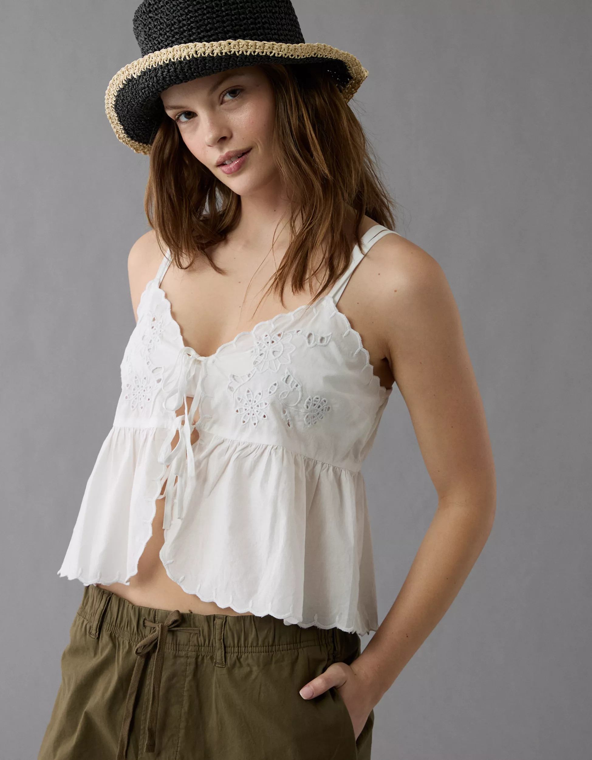 AE Tie Front Embroidered Tank Top | American Eagle Outfitters (US & CA)