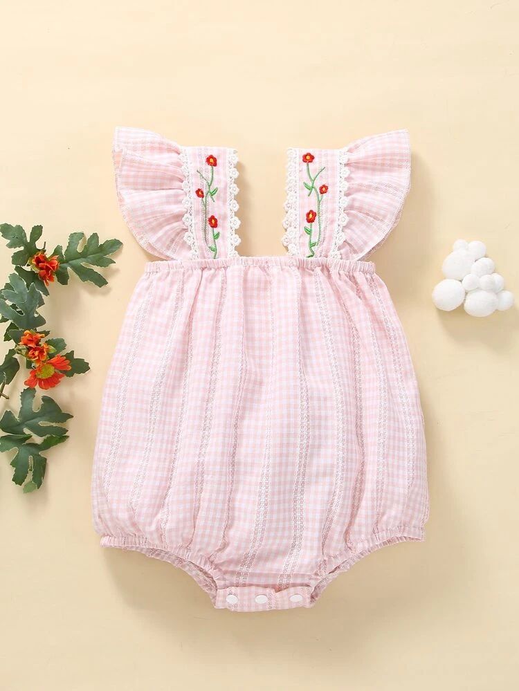 Baby Gingham Print Floral Embroidery Ruffle Trim Bodysuit | SHEIN