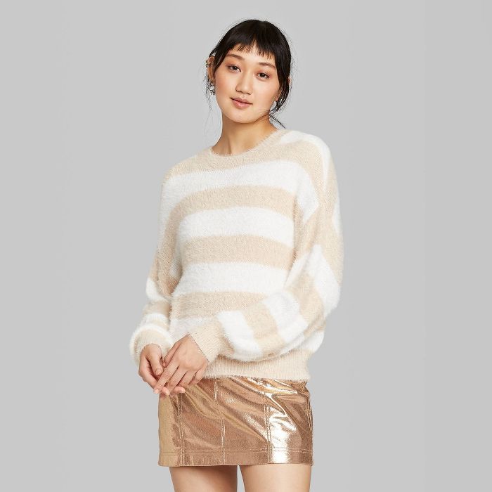 Women's Striped Long Sleeve Crewneck Fuzzy Sweater - Wild Fable™ Beige/White | Target