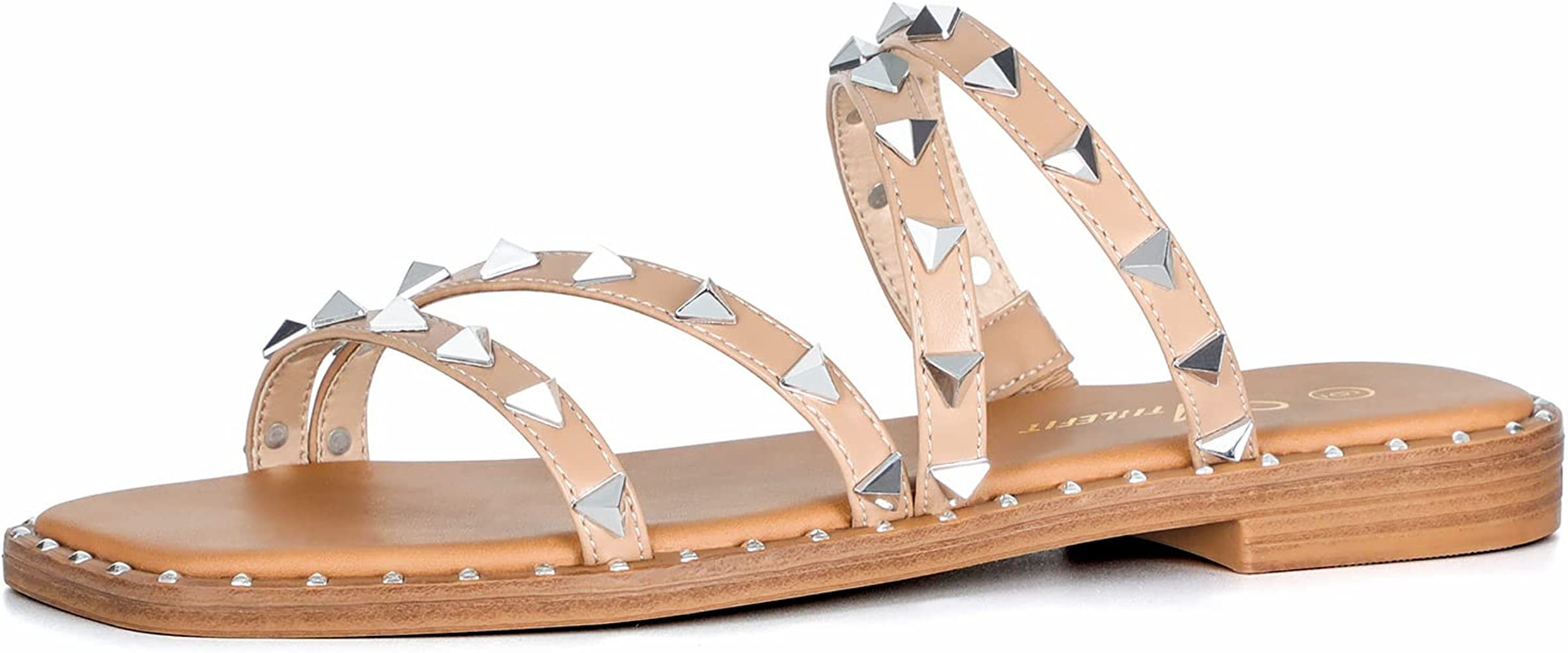 Athlefit Women's Studded Flat Slide Sandals Square Open Toe Strappy Slip On Sandals | Amazon (US)