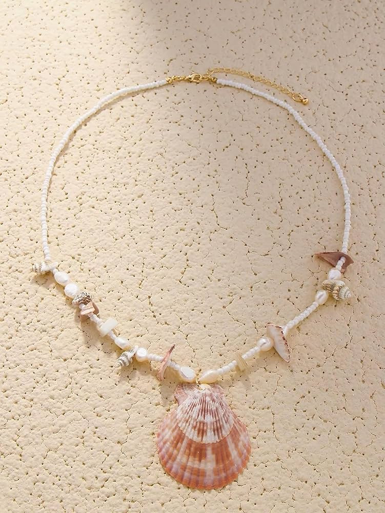 Bohemian Beach Vacation Style Ocean Shell Pendant Beaded Necklace-Default | Amazon (US)