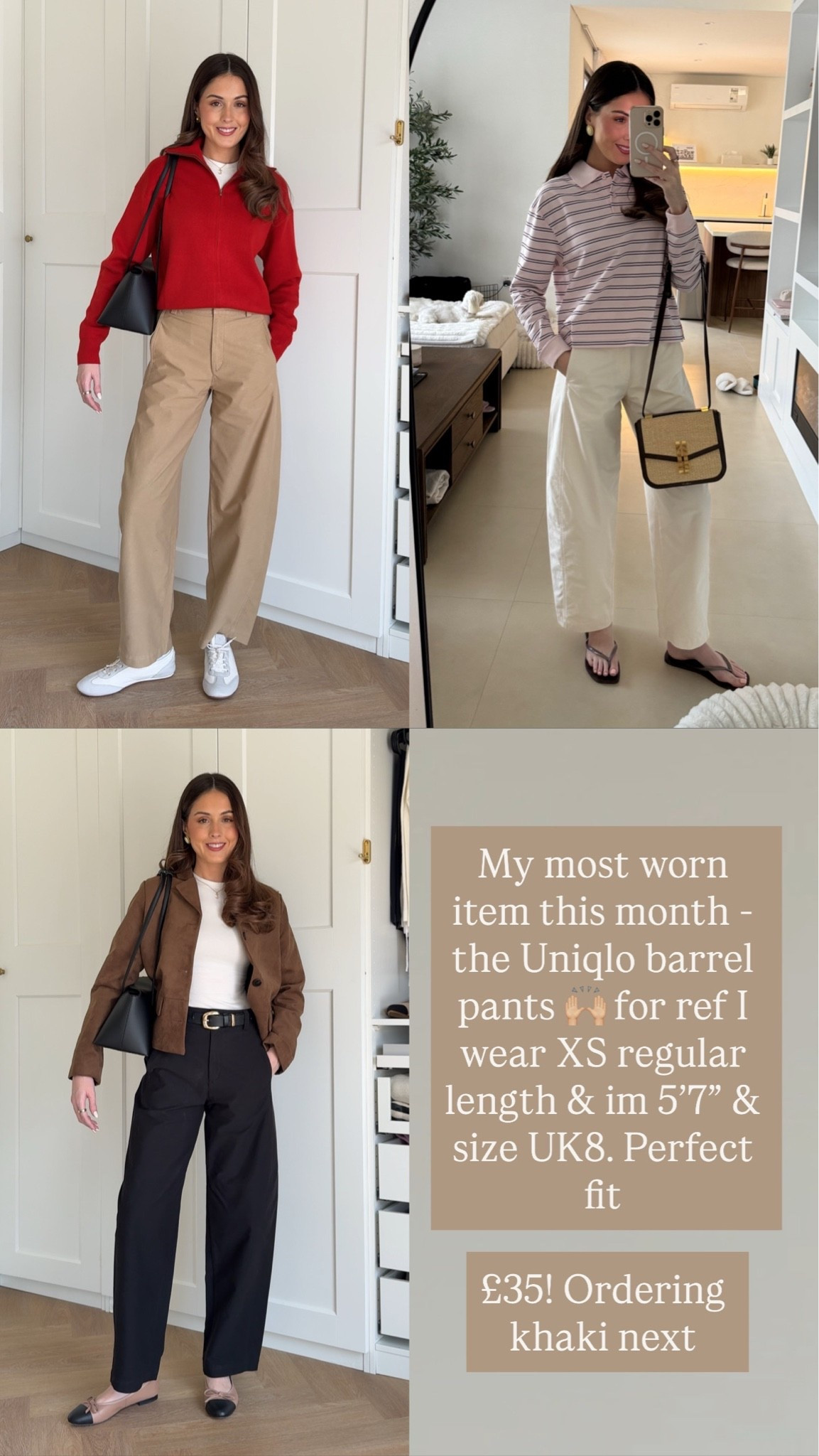 My most worn item this month - the Uniqlo barrel pants 🙌🏼 for ref I wear XS regular length & im 5’7” & size UK8. Perfect fit

#LTKFashionMonth #LTKstyletip #LTKautumn