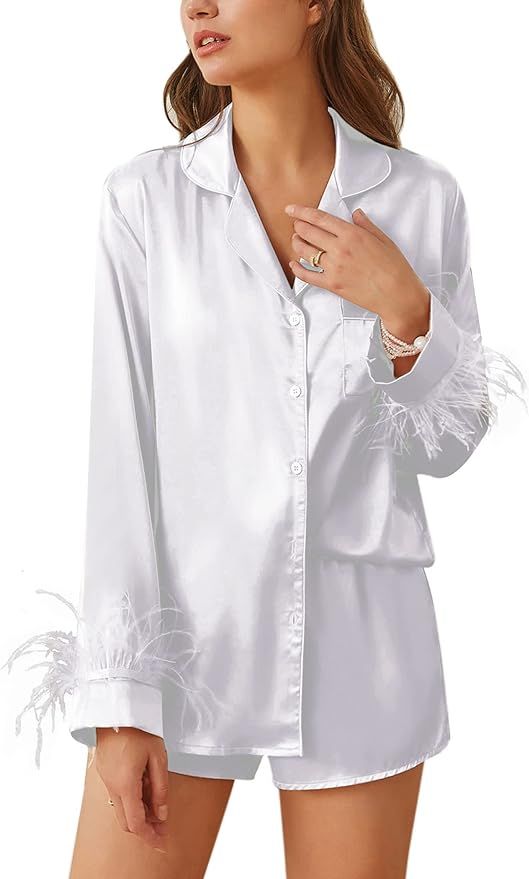 Ekouaer Women's Bridal Feather Trim Silk Satin Pajama Set Long Sleeve Lounge Sets Button Down Sle... | Amazon (US)