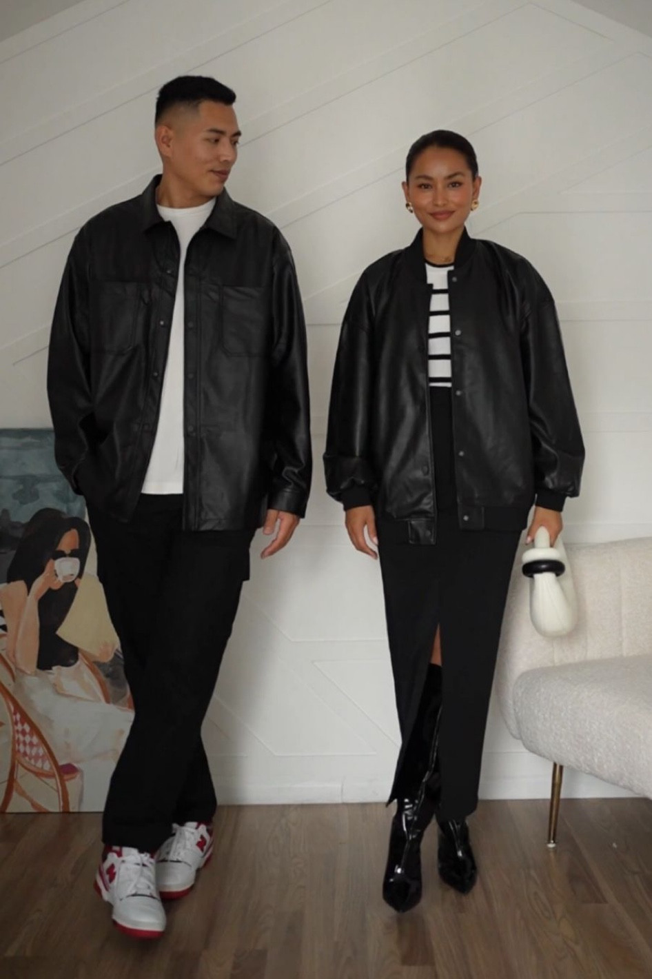 river island, asos, new balance, jw pei, fenwick, transitional style, autumn fit, couple outfits, white and black fit, jw pei abacus top handle bag, autumn wardrobe, matching outfits, men’s fashion, style inspiration, outfit ideas, leather shacket, leather bomber jacket, knee high boots, midi skirt

#LTKstyletip #LTKeurope #LTKSeasonal