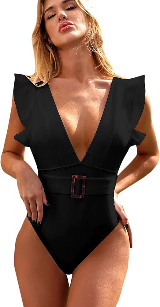 SOLY HUX Women's Deep V Neck Flounce Ruffle Monokini Belted One Piece Swimsuit | Amazon (US)