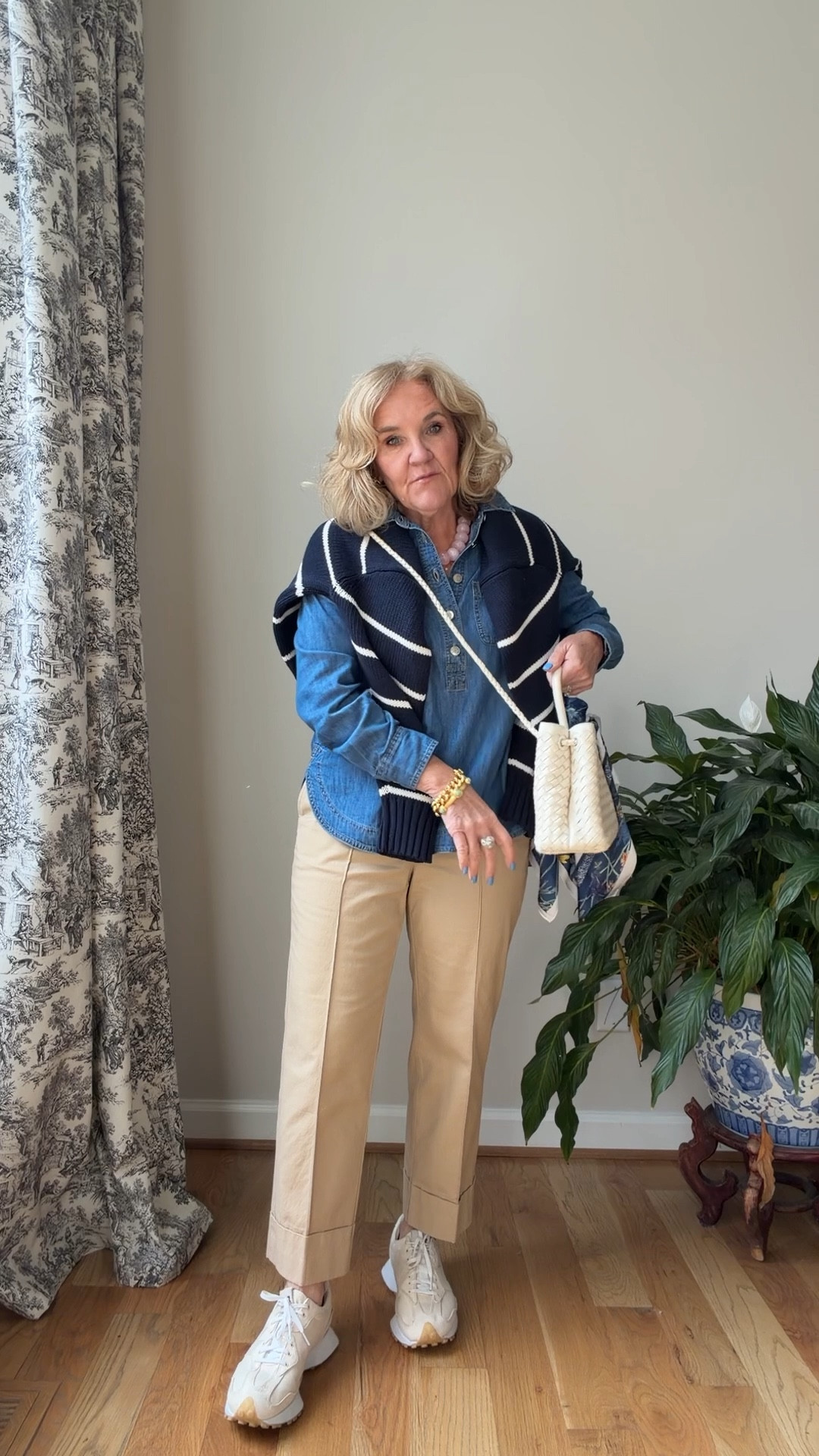 My hair though was making me crazy. 
Denim popover and khakis. Classics! 
Khakis size 8 petite 
Popover medium petite 
Striped sweater is a fabulous cotton classic navy stripe  I did size up to a large for an oversized fit, but you don’t need to.


#LTKOver40 #LTKspring #LTKSaleAlert