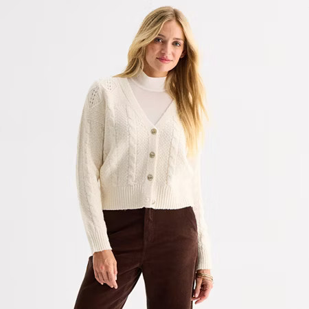 a.n.a Womens V Neck Long Sleeve Button Cardigan, Small, Beige | JCPenney